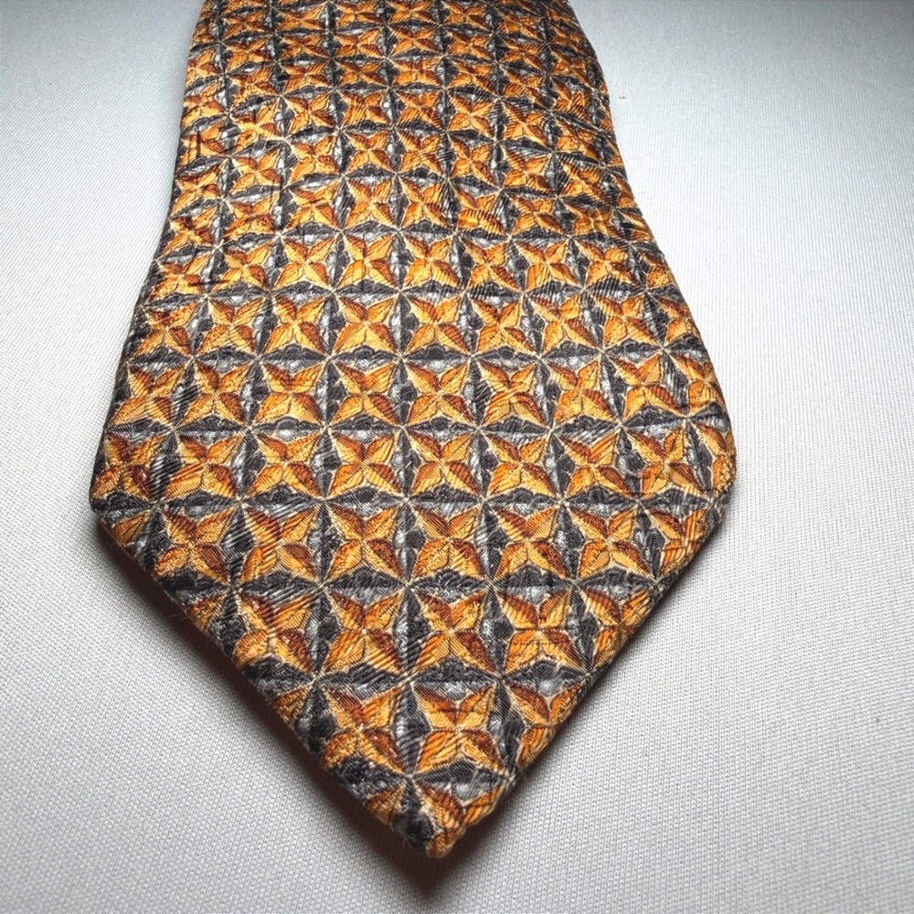 Ermenegildo Zegna Silk Tie Mens Gold Geometric Grey Italy Luxury Multicolor